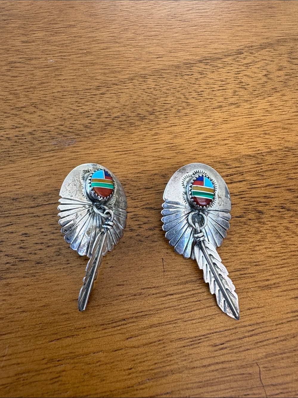 Vintage Native American Feather Drop Earrings - Multicolor Stone Sterling Silver